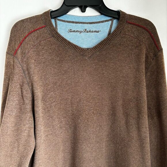 Tommy Bahama Men’s reversible v-neck knit sweater brown blue size large EUC! - Picture 2 of 10